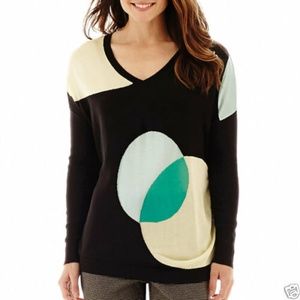 Worthington Long-Sleeve V-Neck Color Block Black Green Women's Sweater Sz Large